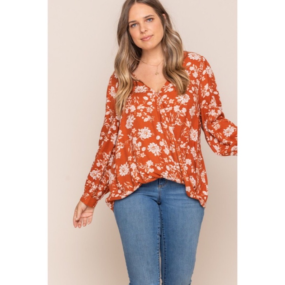ALL IN FAVOR Surplice Floral Print Top Plus Size